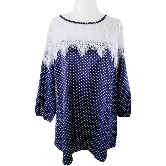 FROCK & FRILL SILKY VINTAGE 50S POLKA DOT LACE BLOUSE SZ 1X 14 - Picture 1 of 7